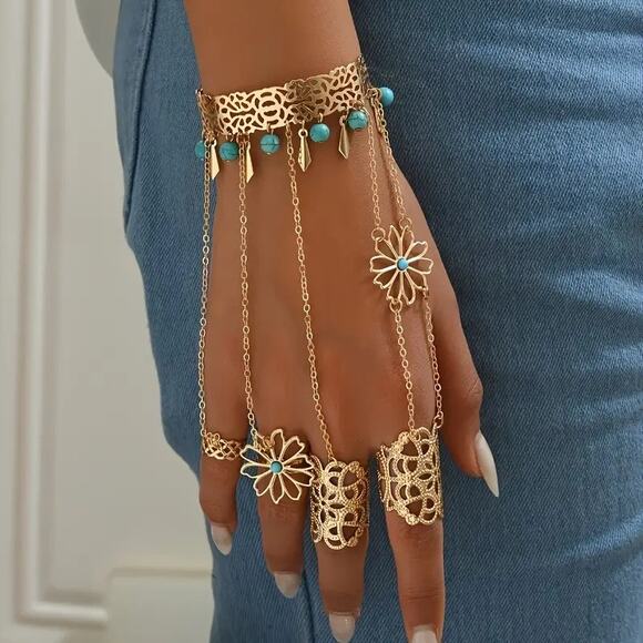Boho Turquoise Flower Chain Hand Bracelet Ring Set – Gold Tone Bracelet - Picture 3 of 5